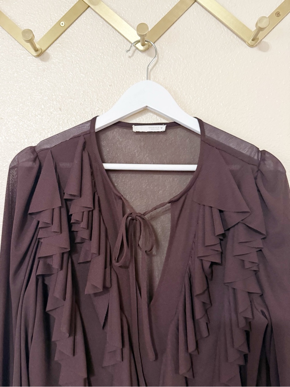 Zara Ruffled Cascading Chocolate Brown Semi Sheer Billowy Boho Mini Dress Medium - Picture 10 of 13